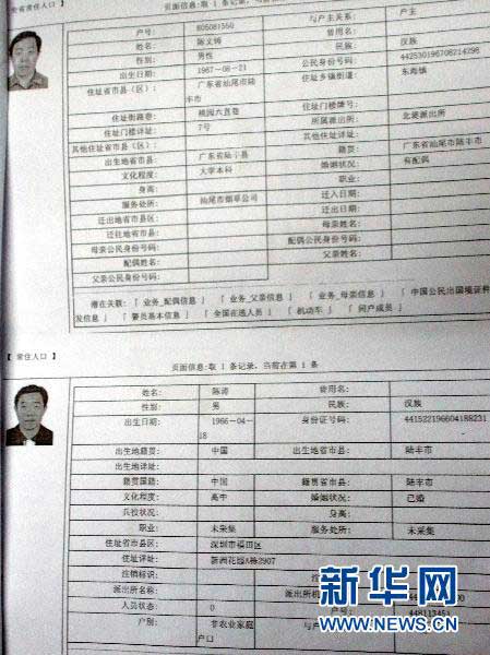 這是廣東省汕尾市煙草局長陳文鑄兩個戶口的詳細(xì)資料（1月21日攝）。新華社記者 劉大江 攝