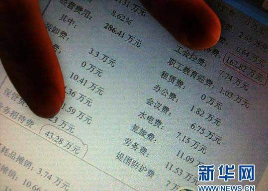 2011年1月13日 “最牛煙草局長”的家族聯(lián)絡(luò)圖網(wǎng)絡(luò)帖子上列出了汕尾煙草公司2010年3月的支出明細(xì)，其中當(dāng)月兩項(xiàng)業(yè)務(wù)招待費(fèi)合計(jì)為206．1萬元（2010年12月30日攝）。新華社記者 盧漢欣 攝