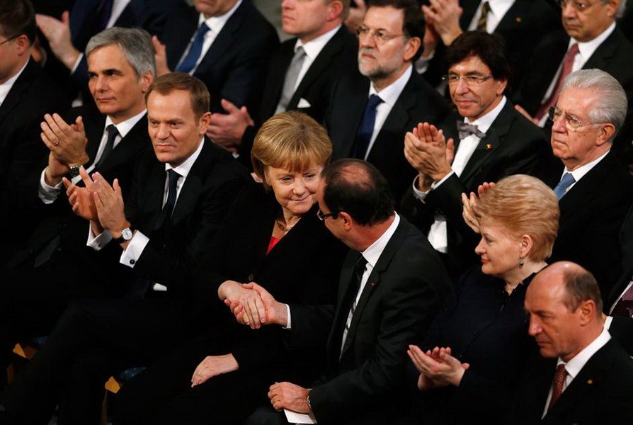 當?shù)貢r間12月10日，2012年諾貝爾和平獎頒獎儀式在奧斯陸市政廳舉行。